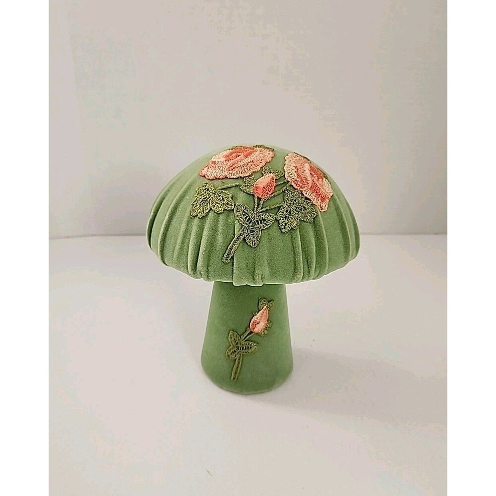 Vintage Homemade Tabletop Mushroom Green Velvet Rose Patch Top Home Decor, 7"